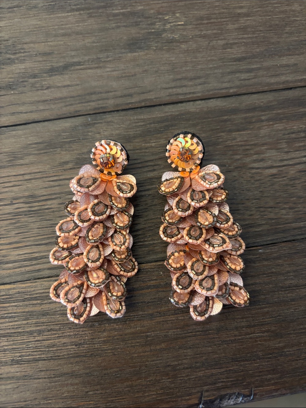 Peach Sequin Layered Tassel Drop Earrings